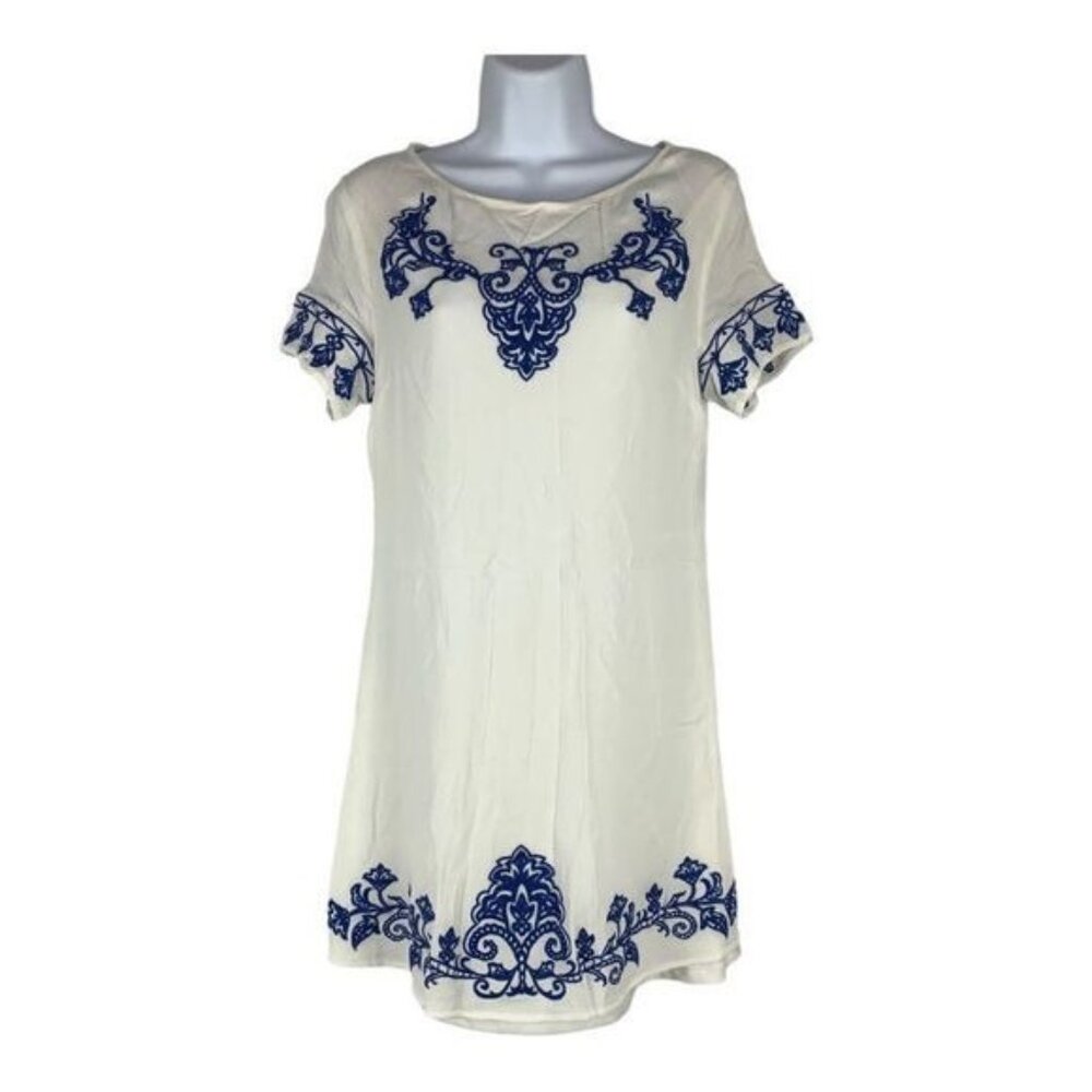 Lulus White Dress With Blue Embroidery Short Sleeve Lined Back Zipper Medium
